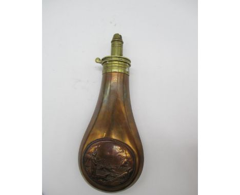 James Dixon &amp; Son Improved patent copper and brass powder flask with oval panel depicting shooting scenes 