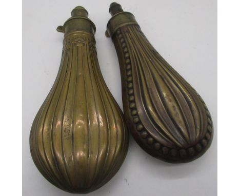 Brass and copper G &amp; JW Hawksley of Sheffield powder flask of ribbed design and another similar with ribbed and beading d