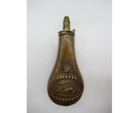 Brass and copper powder flask with embossed double sided scenes of sporting dog and game top marked patent 