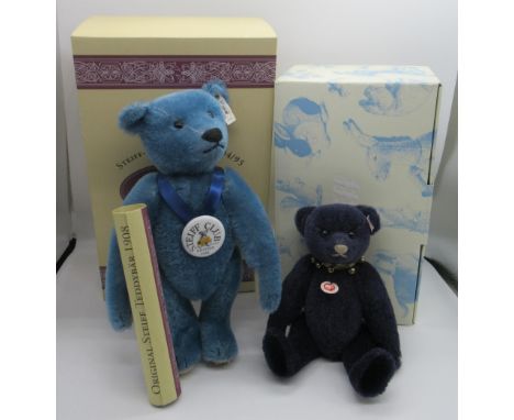 Steiff Original Teddy Bear 1908 Replica in blue mohair with working growler mechanism and Steiff Club 1994 porcelain pendant,