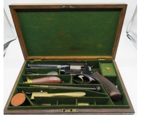 Oak cased Deane &amp; Son of London Bridge five shot percussion cap revolver with 6" octagonal barrel retaining most of origi