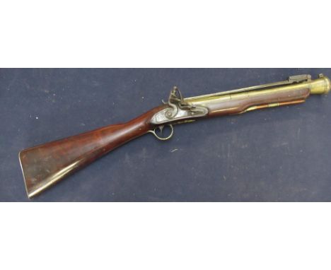 Flintlock brass canon barreled blunderbuss with top folding bayonet 14" 1/2 first staged octagonal barrel and 11" triangular 