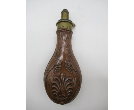 James Dixon &amp; Sons of Sheffield copper and brass powered flask embossed scroll design 