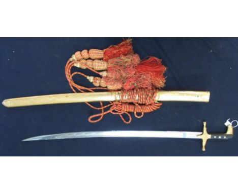 Saudi Arabian decorative presentation style sword with plated blade and gilt hilt, with similar scabbard 