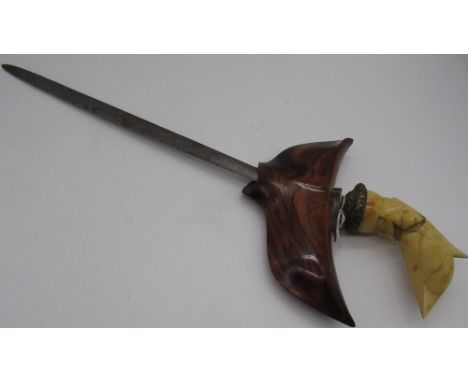 Indonesian Kris with 13in blade and carved ivory grip top section of burr wood scabbard 