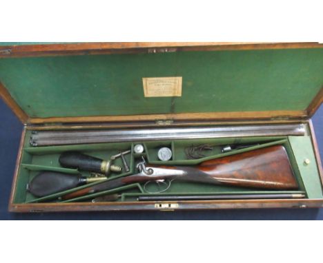 Oak cased Parker Field &amp; Sons of London 12B percussion cap side by side shotgun, with 29 1/4" Damascus barrels, broad top