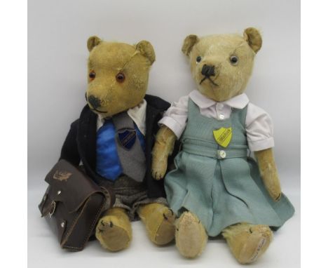 Chiltern c. 1930's School Boy teddy bear with glass eyes, jointed arms and legs and swivel head, wearing school uniform, leat