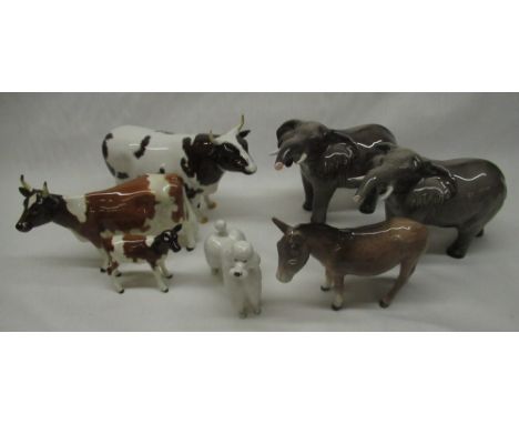 Beswick animals - Berwickshire Ayrshire Bull CH Whitehall Mandate, cow Ickham Bessie and calf, two stretching trunk elephants