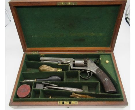 Mahogany cased five shot percussion cap revolver by W. Wood of Howden with 5" octagonal barrel engraved scroll work to the fr