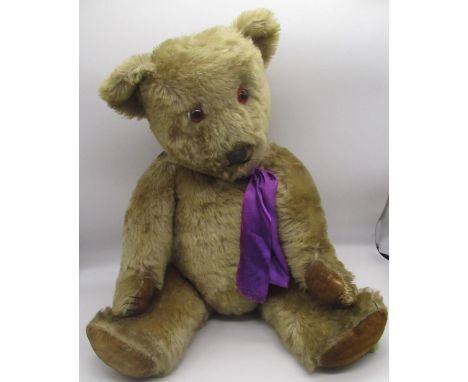 Large c. 1940's Chiltern teddy bear in blonde mohair, with glass eyes and wire jointed arms and legs, swivel head, wearing a 