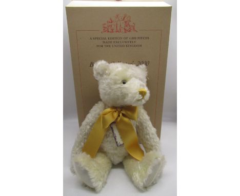 Steiff British Collectors 2000 teddy bear in champagne mohair with working growler mechanism and yellow bow, limited UK speci