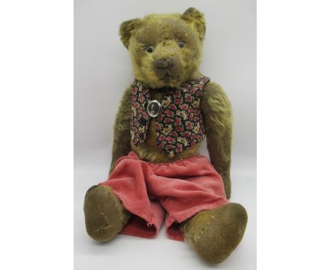 Farnell c. 1930s teddy bear in blonde mohair, with glass eyes, jointed arms and legs, swivel head and vertically stitched mou