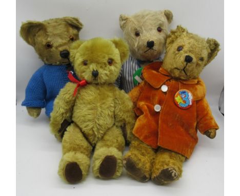 Collection of c. 1950s British teddy bears, including a Pedigree artificial silk bear in rust coloured velvet coat, H38cm, a 