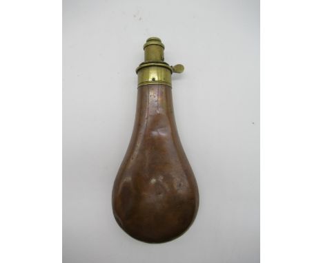 G &amp; JW Hawksley of Sheffield plain bodied bag shaped copper and brass powder flask L8" (spring AF) 