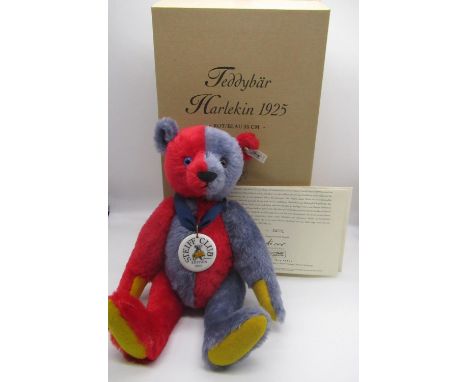 Steiff Replica 1925 Harlequin Teddy Bear in blue and red mohair plush with working squeaker and Steiff Club Edition 2000 porc