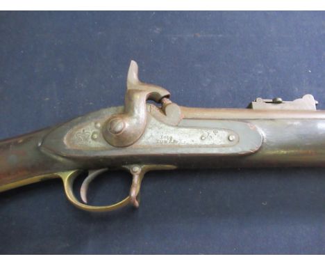 Three band percussion cap Enfield tower rifle with 38" barrel complete with steel ramrod and rear adjustable ladder sights va