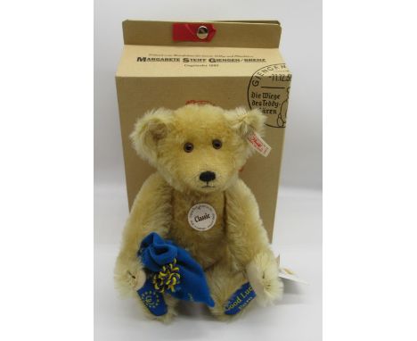 Steiff 1998 Euro Bear in blonde mohair with blue velvet bag and blue foot pads with gold Euro symbol and Good Luck message, t