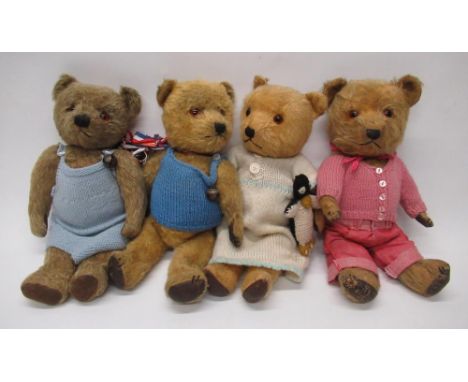 Collection of c. 1940s Chiltern teddy bears, including a bear in golden mohair with glass eyes, jointed arms and legs, rexine