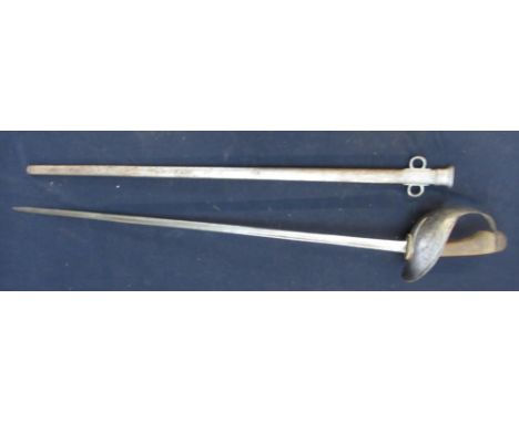 British lifeguards type troopers sword, 34" inch straight single fullered blade with various stamped markings, large basket h