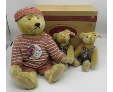 Steiff Twin Teddy Bears in blonde mohair with dungarees and jeweled ties, limited edition of 5000, made exclusively for Stron