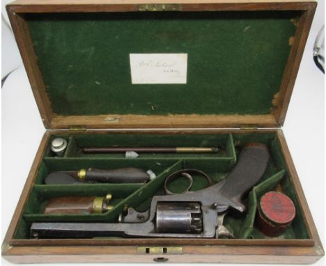 Oak cased Adams patent five shot percussion cap revolver no 19293 serial no.35042 retaining much of original blued finish, wi