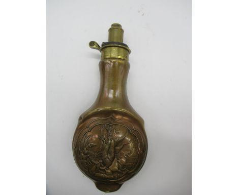 J &amp; J.W.Hawksley of Sheffield brass and copper powder flask body embossed with scenes of hanging game L8" 