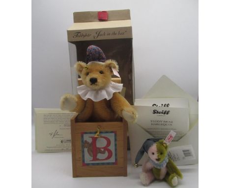 Steiff Jack in the Box Teddy Bear, limited edition 222/ 3000, boxed with certificate, H.23cm, and a Steiff Harlequin teddy be