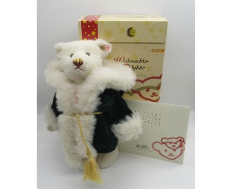 Steiff Christmas Teddy Bear in white alpaca with embroidered green velvet coat, fitted with working music mechanism playing '