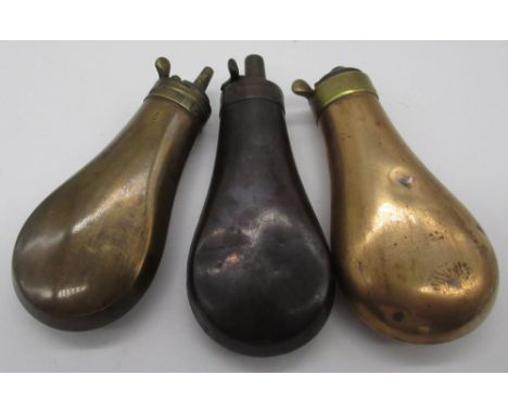 Sykes copper and brass plain bodied pistol flask L4.5" and two other similar flasks (3) 