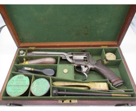 Mahogany cased 54 Bore Tranter self cocking five shot percussion cap revolver with 5" 1/2 octagonal barrel with fixed fore si