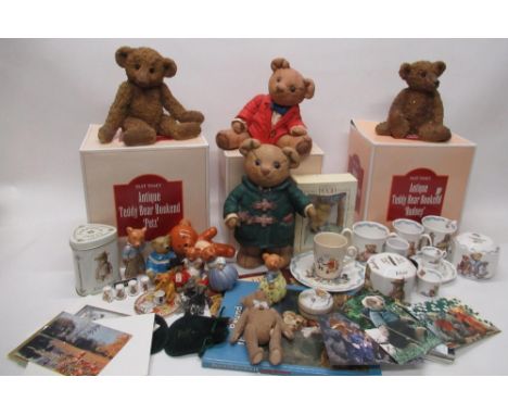 Large collection of teddy bear related items: Pastimes figurines, antique teddy bear bookends, Steiff jointed bear figurine, 