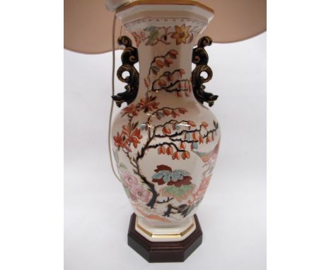 Very large Mason's Mandalay pattern table lamp, octagonal baluster body with two blue dragon handles with gilt detail, on woo