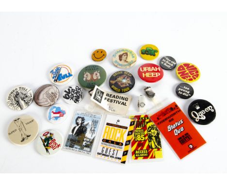 Rock / Prog Badges and Passes, seventeen vintage Pin Badges and Five Passes of mainly Rock and Prog Bands. Pin Badges include