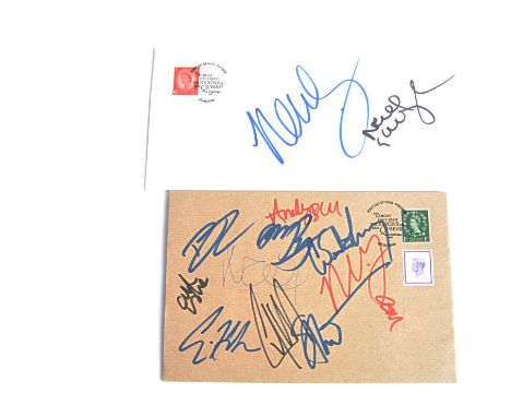 Neil Young / Jimmy Page / Oasis / Black Crowes Signatures, two First Day Cover envelopes of Famous Kings and Queens, one with