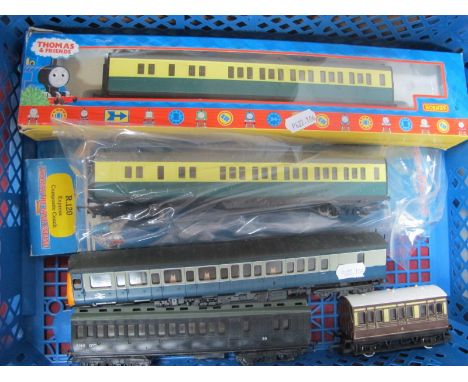 Two Hornby 'OO' Gauge/4mm "Thomas and Friends" Coaches, (one boxed), both good, plus two Triang unboxed coaches, a four wheel