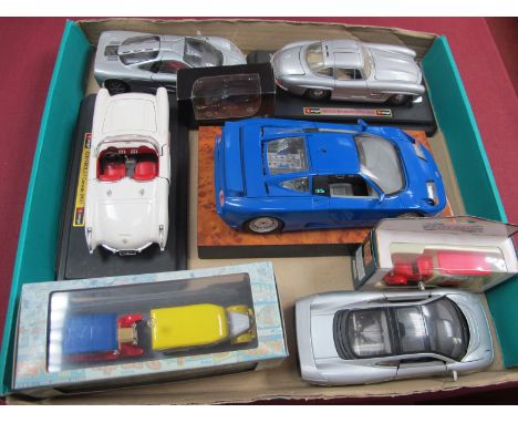 Five Metal and Plastic Display Model Cars, including Bugatti EB110, Burago Mercedes 300SL 1954, Maisto Mclaren F1, etc:- One 