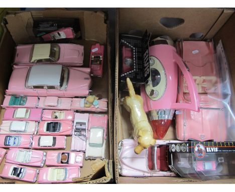 Two Boxes of Various Diecast and Plastic Model Cars, all 1950's Cadillac, Ford, etc, in pink, some Elvis related, etc, plus a