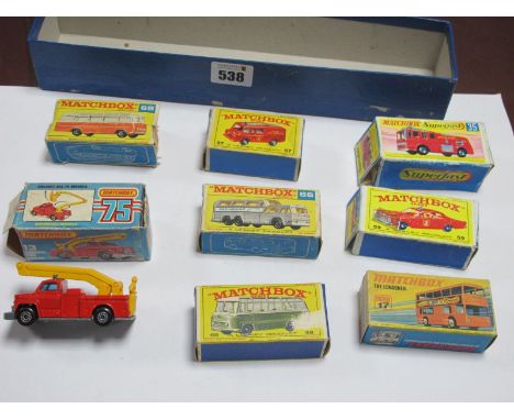 Eight Boxeds Diecast Vehicles my Matchbox, comprising #35 Merryweather fire engine, #57 Land Rover fire truck, #75 fire engin