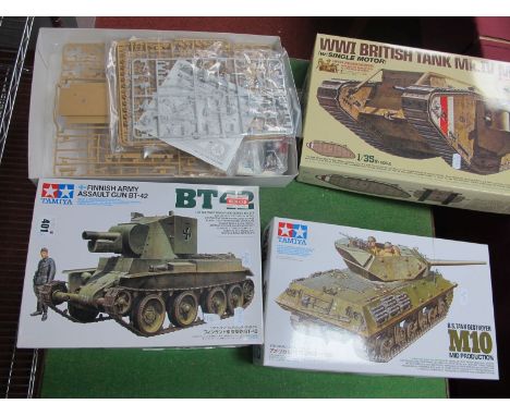 Three 1/35th Scale, to include Finnish Army Assault Gun BT-42, US Tank Destroyer M10 and WWI British tank, MK.IV male w/singl