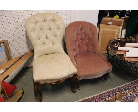 Late 19thC Spoon Button back chair with serpentine front over Walnut carved base supported on scroll feet and a Button back c