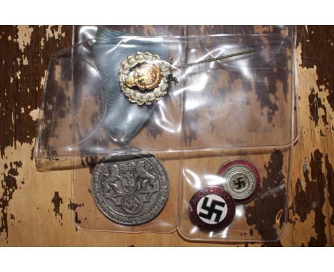 Third Reich 8 year Medal on ribbon, German imperial stick pin and 2 Third Reich Enamel Badges