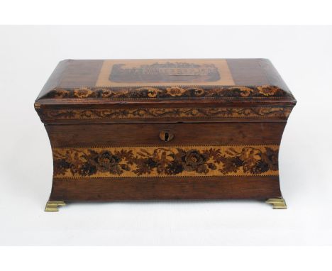 19th Century Tunbridge Ware and rosewood tea caddy, typically decorated with a band of foliage, the hinged cover with a parqu
