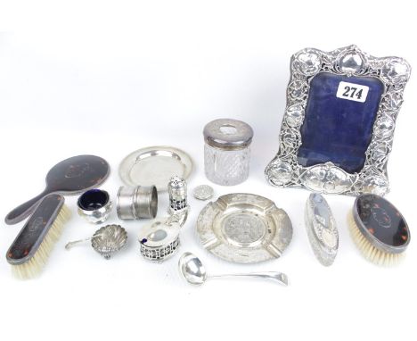 A Collection of Silver Items inc Art Nouveau photo frame, Silver Ashtray, Pin Dish, Dressing table ware etc 350g + total weig