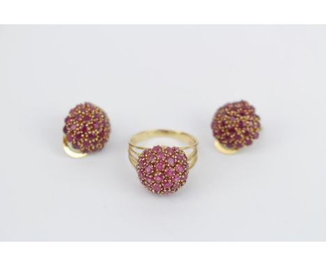 Ladies Yellow metal Ruby Cluster set Ring and matching earrings 10.4g total weight 