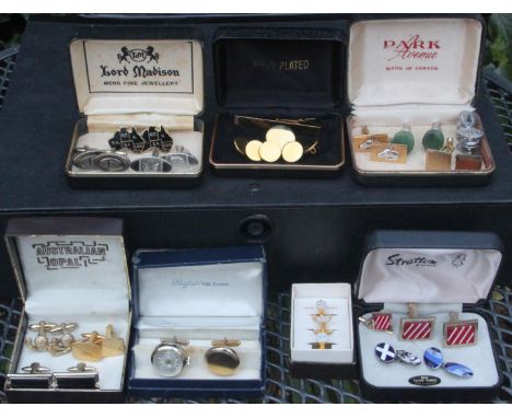 Large Collection of Vintage Cufflinks, including Cufflink Clock and Locket Set Sheffield Riviera, Stratton Made in England Pa