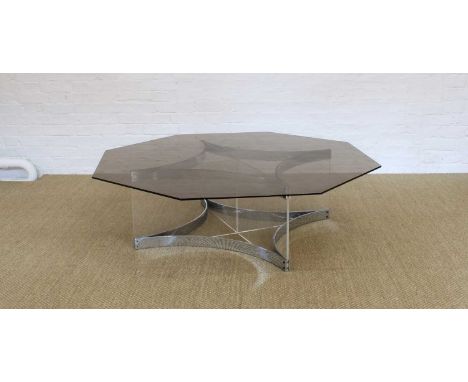 Alessandro Albrizzi (Italian 1934-1994) Modernist Smoked Glass and Chrome Coffee Table Circa 1970, the octagonal top on clear