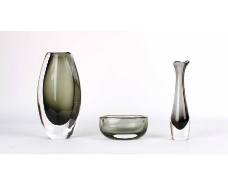 Nils Landberg (Swedish 1907-1991) for Orrefors Two "Dusk" Vases & Oval Dish  Circa 1950s, all signed and no. 3538, the taller