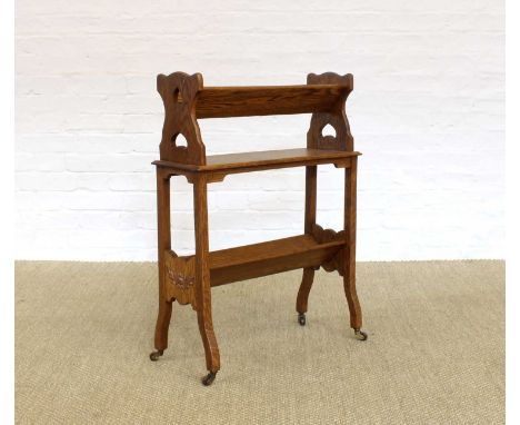 Arts & Crafts Oak Combination Book Trough and Trolley Circa 1910, with pierced motifs and applied copper-plated plaques to ea