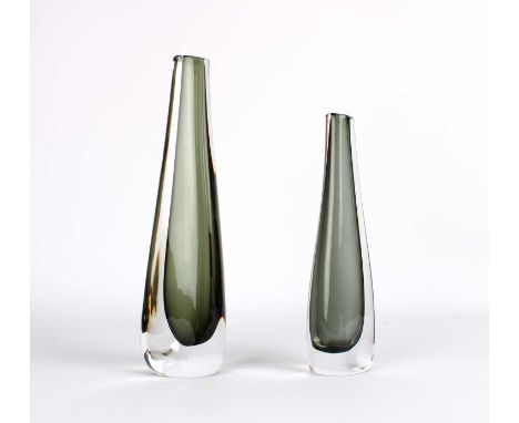 Nils Landberg (Swedish 1907-1991) for Orrefors Two Graduated "Dusk" Vases  Circa 1950s, both of shaped triangular outline, bo