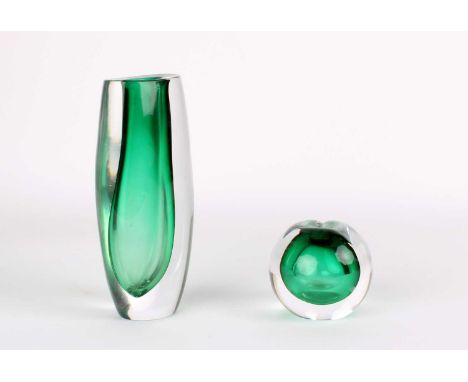 Vicke Lindstrand (Swedish 1904-1983) for Kosta Vase and Paperweight/Spill Holder  Circa 1960, both clear with internal green,